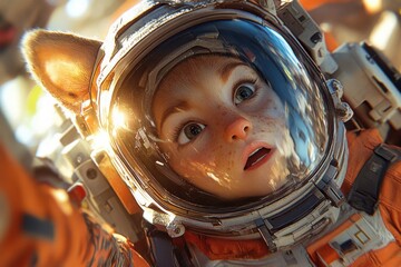 girl in a space suit with a surprised expression on her face. a child in space, a pioneer, technology, science, fiction. An exciting space adventure. astronaut