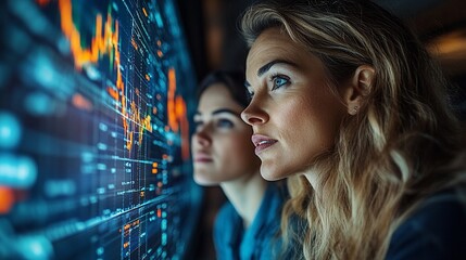 Two women analyze financial data on a large screen.