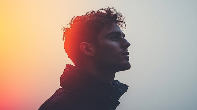 Young man's profile, backlit by warm light, gazing into the distance.