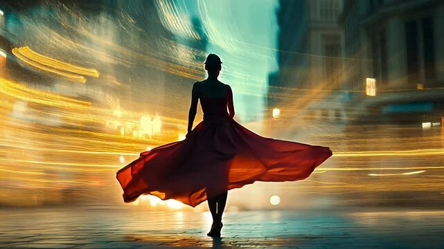 The dancer twirls elegantly, her red dress creating a stunning whirl of motion. The city lights blur in the background, enhancing the passionate atmosphere of the tango performance.