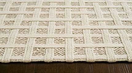 Close-up of cream-colored knitted rug with grid pattern on dark wood floor.