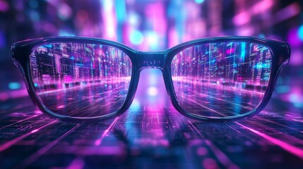 Eyeglasses reveal a vibrant, futuristic city landscape.