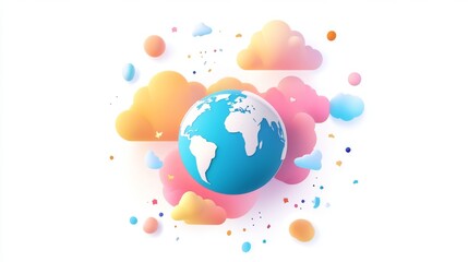 Telecommunication and media technologies concept: cloud of colorful phots around blue glass Earth globe isolated on white background