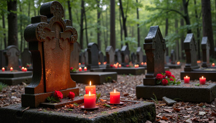 Gravestone with candles and flowers in serene forest setting