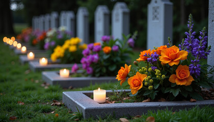 Colorful flowers and candles in a cemetery at dusk
