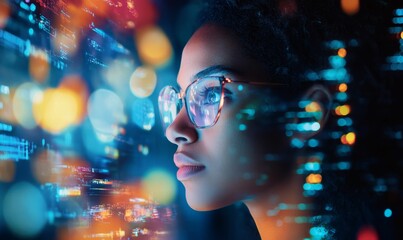 Woman with glasses looks at blurred digital lights.
