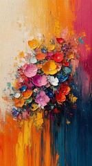 Vibrant abstract floral painting with textured brushstrokes and colorful blooms.