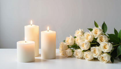 Candles and white roses on a simple light background