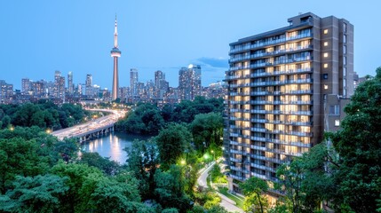 Fototapeta premium City apartment building at dusk, Toronto skyline