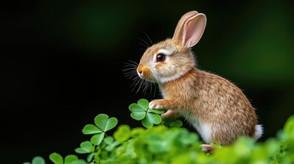 Fototapeta premium Adorable bunny rabbit, clover, nature background, spring, wildlife, easter