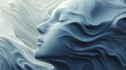 Wavy, monochromatic face profile in calm, swirling background.