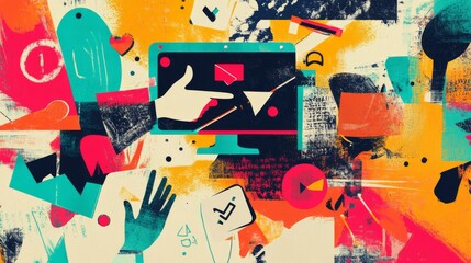 Contemporary banner with a computer, halftone hand, speech bubble, icons, and text. Art Collage marketing and business on the paper glued on tape and arrow. Concept social media, news. vector elements