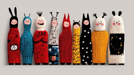 Vibrant knitted figures with whimsical designs stand together, capturing friendship and creativity in a playful, artistic display.