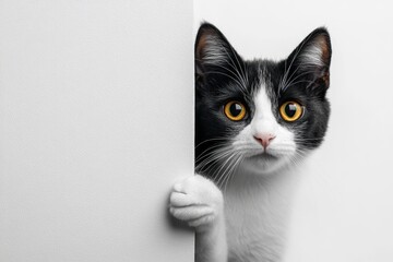A playful cat with a black and white coat is peeking curiously from behind a corner. Its bright yellow eyes are alert, showcasing its playful nature in a cozy indoor environment