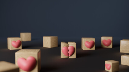 Wooden cube with a broken heart in the middle of wooden cubes and hearts, representing heartbreak, dark background, 3d illustration