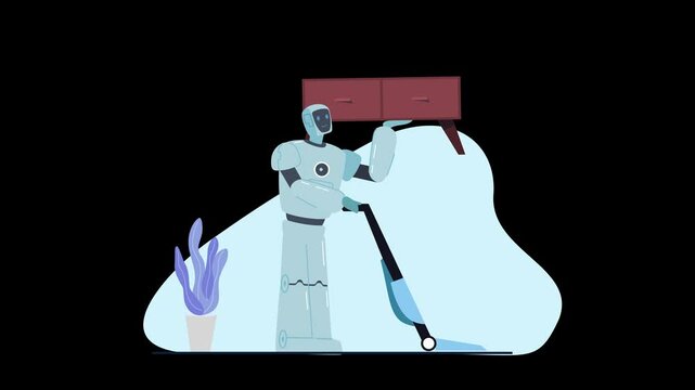 Robot Doing Housework | 2D Cartoon Animation | Transparent Background (Alpha Channel)