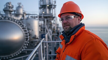 A worker in an orange uniform and safety gear stands on an offshore platform, surrounded by industrial structures, looking thoughtfully into the distance.