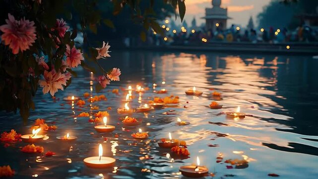 As the sun sets, devotees gather by the river, performing rituals with floating lamps. The warm glow reflects on the water, creating a tranquil and spiritual atmosphere filled with devotion.