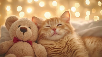 Fototapeta premium Cute ginger kitten with teddy bear