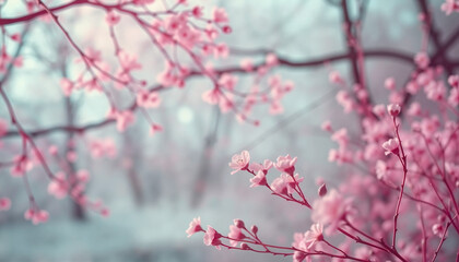 Pink cherry blossoms against misty grey background