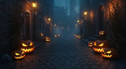 Obraz premium Spooky Halloween Night Street with Jack Olanterns