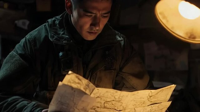 In a shadowy room filled with scattered documents, a soldier diligently sketches plans under the soft glow of a lamp, surrounded by the tools of his trade and the weight of duty.