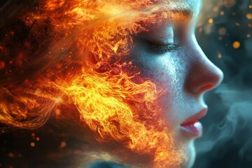 A striking portrayal of a female figure with flames intertwining around her face, capturing a sense of chaos and light-mindedness