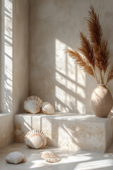 Minimal Product Stone Podium - Natural Elements Display with Seashells generated
