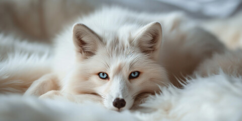 Obraz premium White arctic fox relaxing on soft fur with intense blue eyes