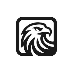 A minimalist black and white logo of an eagle head inside a square, perfect for strong, powerful, and freedom themed brands. This versatile design can be used as a logo, icon, or graphic element.