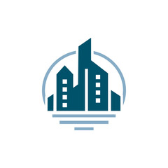 A minimalist abstract logo featuring buildings and a circle, perfect for real estate, construction, and urban themed brands. This versatile design can be used as a logo, icon, or graphic element.