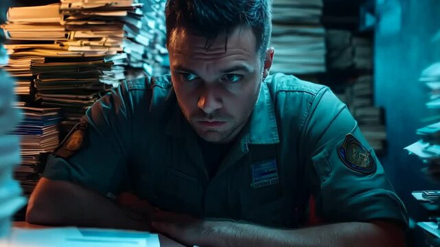 In a dimly lit room, a counterintelligence officer immerses himself in a sea of documents, focused intensely on uncovering vital information while surrounded by chaotic stacks of papers.