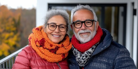 A senior couple radiates joy and warmth outdoors, snug in colorful winter scarves, illustrating enduring love and support.