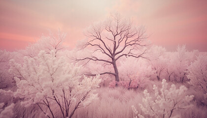 Naklejka premium Dreamy pink winter landscape with bare tree