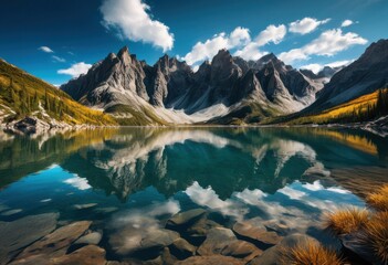 Obraz premium stunning majestic mountain peaks mirrored tranquil clear waters under bright sky, summit, landscape, vista, outdoors, beauty, wilderness, sunlight