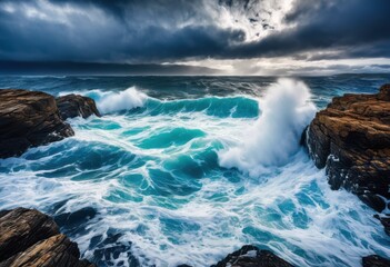 Obraz premium majestic seascape featuring vibrant ocean waves crashing deep blue azure coastline cloudy sky background, foam, splash, sand, shore, beach, horizon, sunset