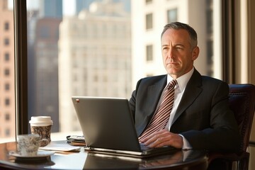 Fototapeta premium thoughtful adult businessman sits in his office and works on a laptop. a business person in a black suit makes a report, finances. successful business