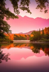 Fototapeta premium breathtaking highland landscape captured sunrise stunning reflections tranquil waters faced rolling hills lush greenery, nature, sky, clouds, trail, view
