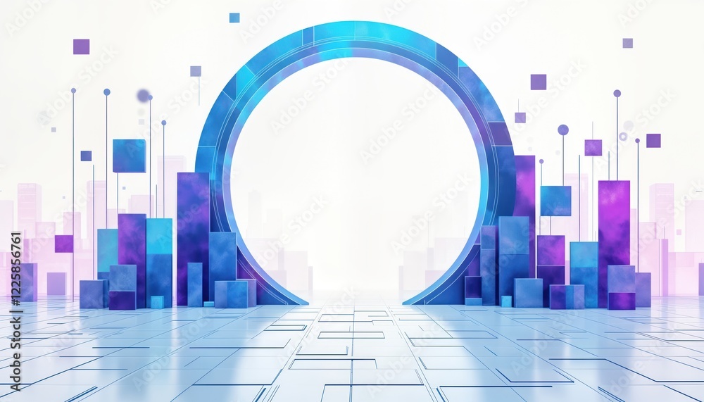 Poster futuristic digital illustration displays high tech design. abstract background features blue purple 