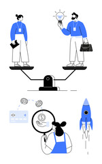 Business professionals on balance scale, one holding light bulb, other briefcase. Hand examining dollar with magnifying glass. Rocket symbolizing growth. Ideal for investments, finance, innovation
