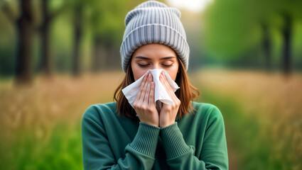 woman blowing her nose. influenza, flu