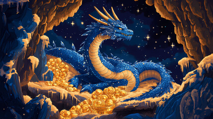 Naklejka premium Majestic blue dragon coiled around golden treasure in a dark cavern at night. starry cavern. illustration. Golden Cavern. Illustration