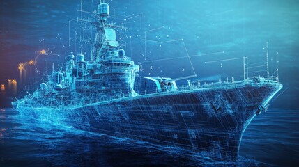 A digital rendering of a naval ship with technical overlays illustrating its design.