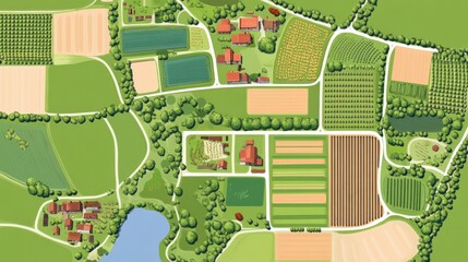 Fototapeta premium Aerial view of a vibrant farming landscape showcasing fields, houses, and a serene lake