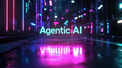 Agentic AI Neon Lit Futuristic Street Scene with Reflections and Glowing Effects.