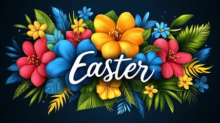 Vibrant tropical flowers Easter greeting.