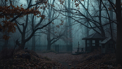 Obraz premium Misty autumn forest with eerie cabin in dark woods