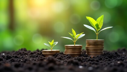 Stacks of coins grow in dark soil. Green plants sprout on top of coins eco-friendly business. Image highlights relation between sustainable strategies, financial success.