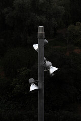 Silver Street Lamp with Multiple Shades Against a Dark Natural Backdrop