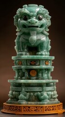 Intricate green jade Foo Dog statue on tiered base.